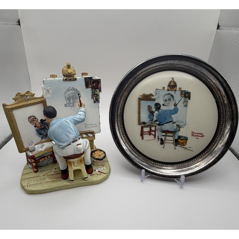 Vintage Norman Rockwell “Triple Self Portrait” 1982 Figurine & Coaster Set